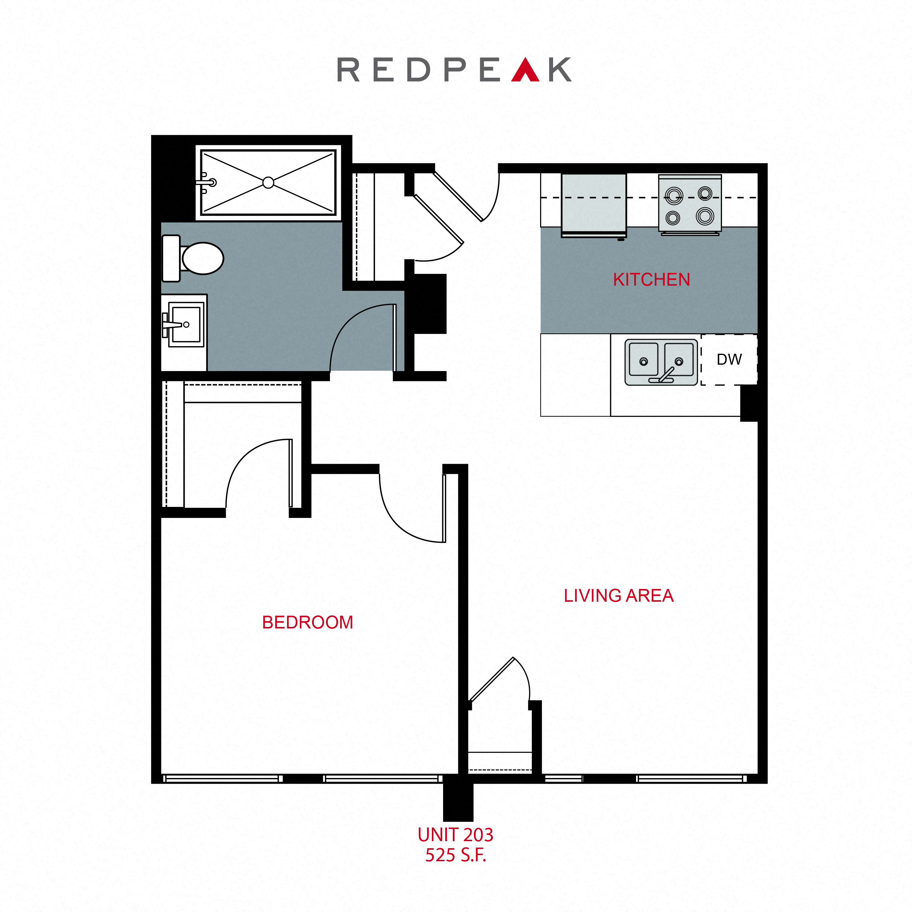 Floor plan for 1 bed, 1 bath, 532 sqft